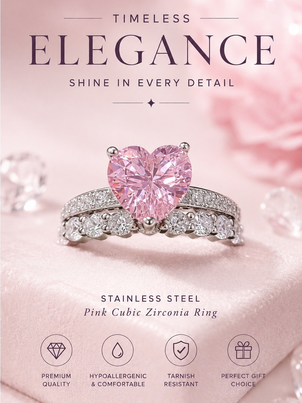 Size 8-Pink Heart Cubic Zirconia Ring - Stainless Steel